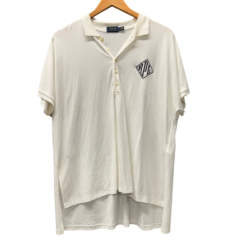 Ralph Lauren Polo Shirt Womens Large Hi Low PRL Logo White Short Sleeve Coastal